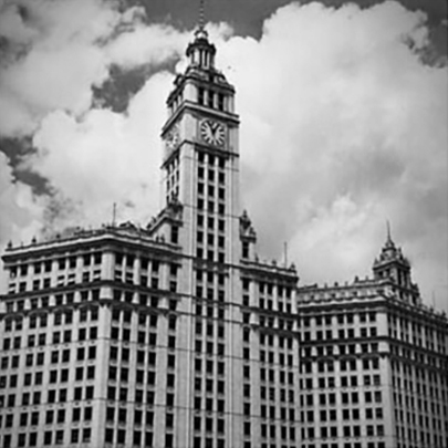 The iconic Wrigley Building in Chicago from 1920