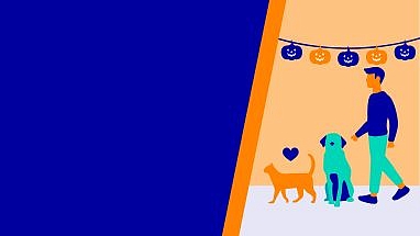 Animated person, dog and cat with blue and orange halloween banner
