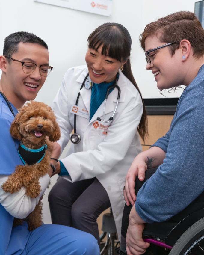 hospital staff with therapy dog