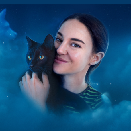 Woman in night sky clouds with black cat