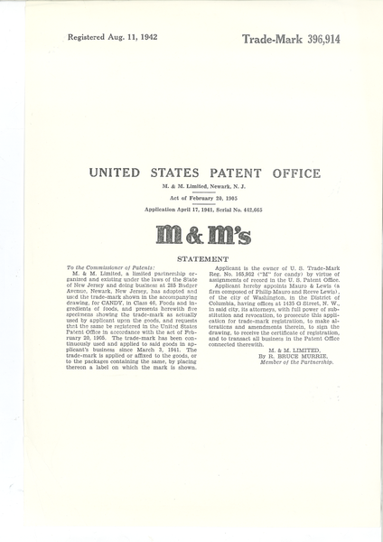 Patent office trade mark document for M&M’s®