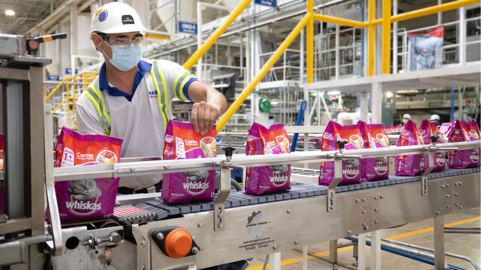 factory associate checking whiskas food on assembly line