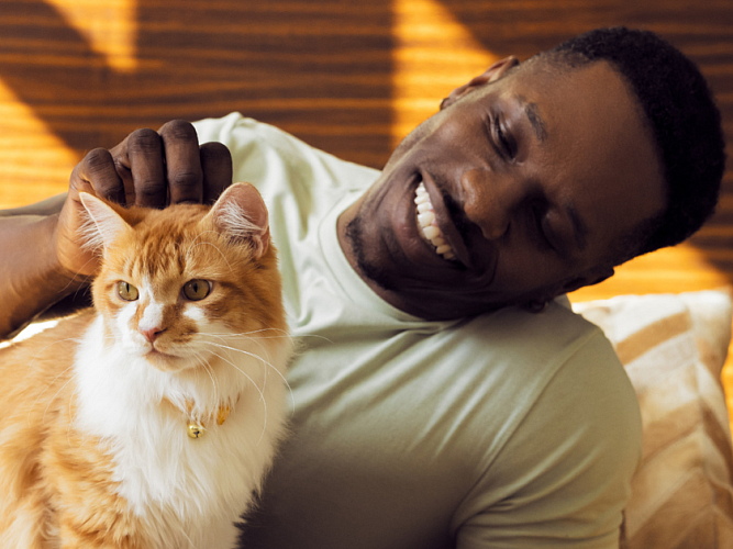 A man smiling and petting his cat