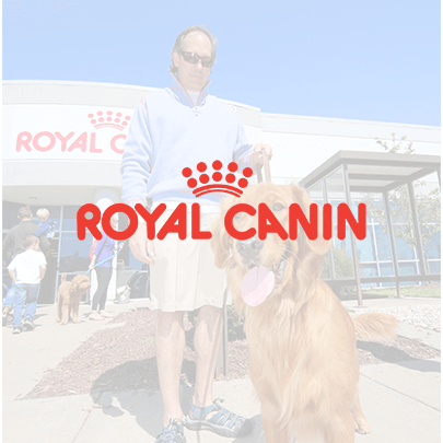The ROYAL CANIN® logo and a man with his golden retriever
